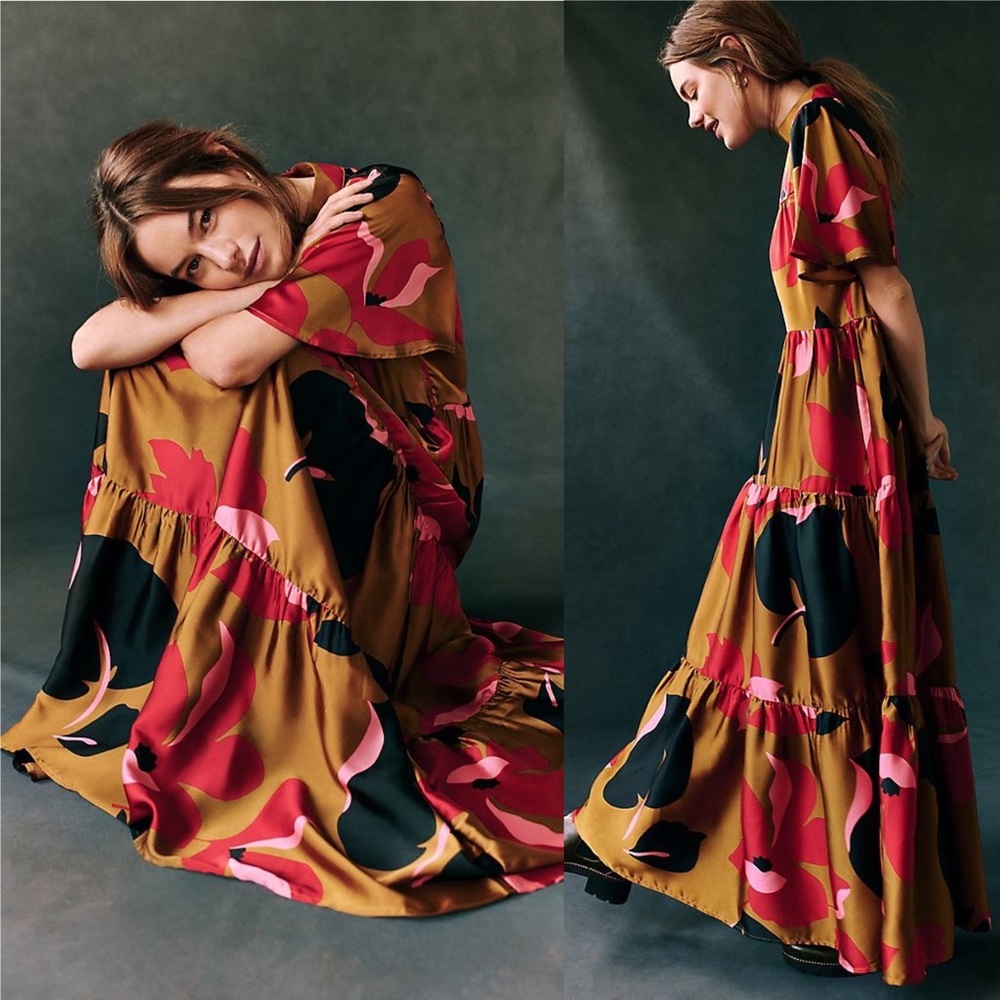 Anthropologie Mustard Maxi Dress with Pink & Black Floral Print